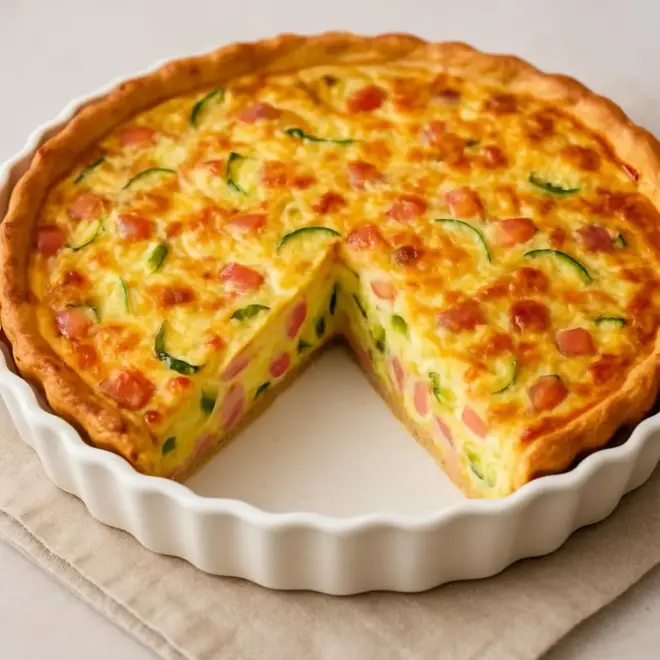Quiche lorraine aux dés de jambon, courgette et emmental (pâte brisée maison)