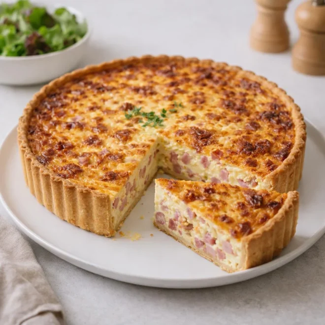 Quiche lorraine au jambon fumé et emmental, fond de pâte croustillant