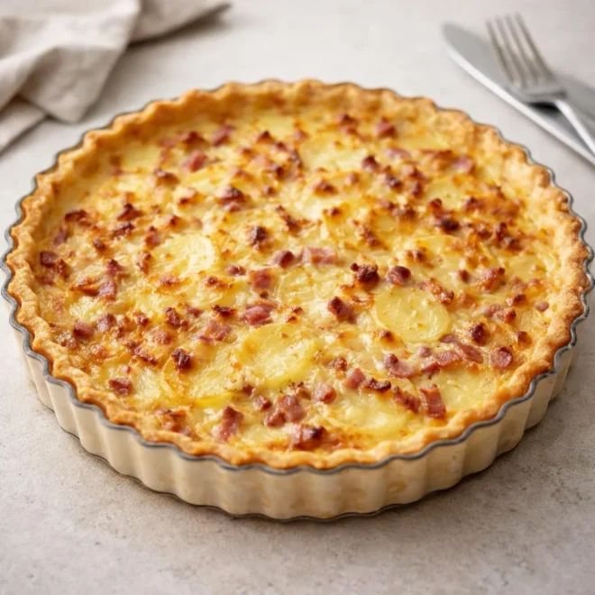 Quiche aux pommes de terre, lardons et fromage râpé (tarte salée maison)