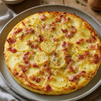 Quiche sans pâte aux pommes de terre, lardons et fromage (base crémeuse œufs-crème)