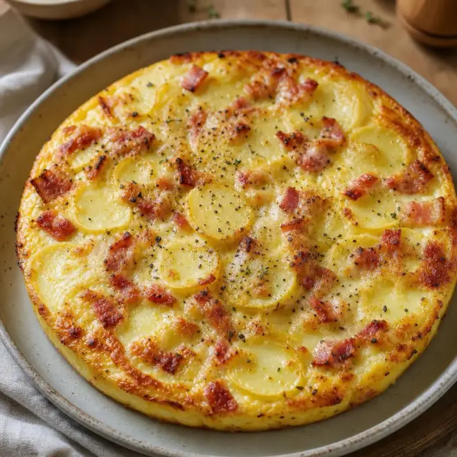 Quiche sans pâte aux pommes de terre, lardons et fromage (base crémeuse œufs-crème)