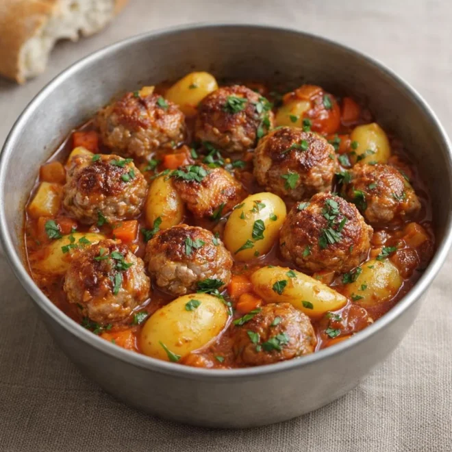 Ragoût de boulettes aux pommes de terre mijoté à la sauce tomate