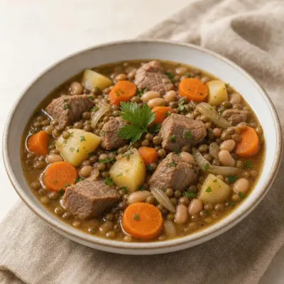 Ragoût du pauvre économique et gourmand aux lentilles, porc, carottes, oignons et pommes de terre