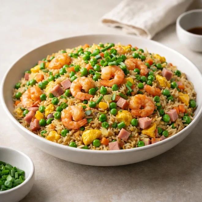 Recette riz cantonais rapide aux crevettes et petits pois
