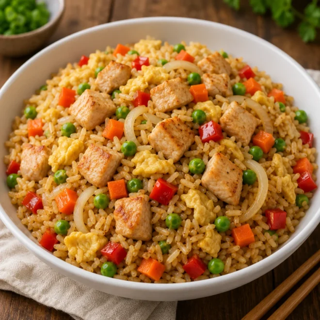 Riz sauté au poulet et œufs brouillés, prêt en 20 min