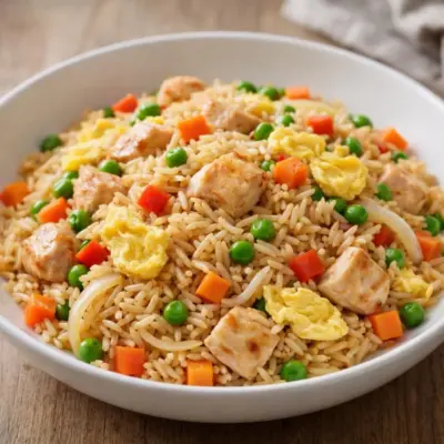 Riz sauté au poulet et œufs brouillés, prêt en 20 min