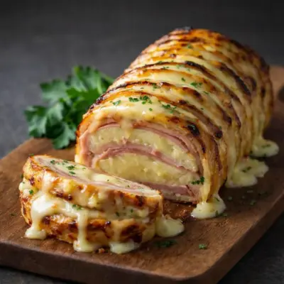 Rôti de pommes de terre au jambon et fromage fondu