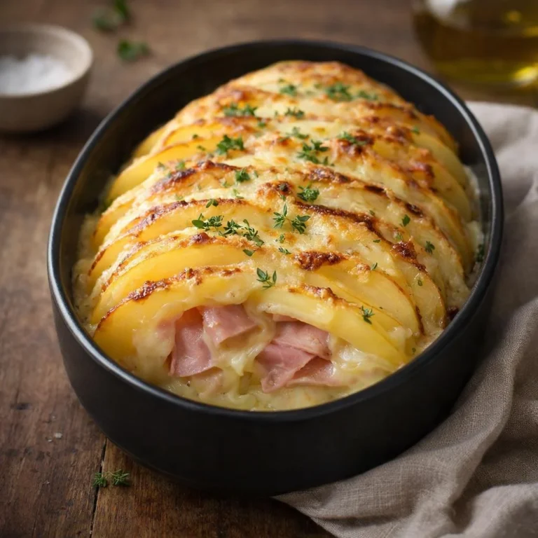 Rôti de pommes de terre au jambon et fromage gratiné