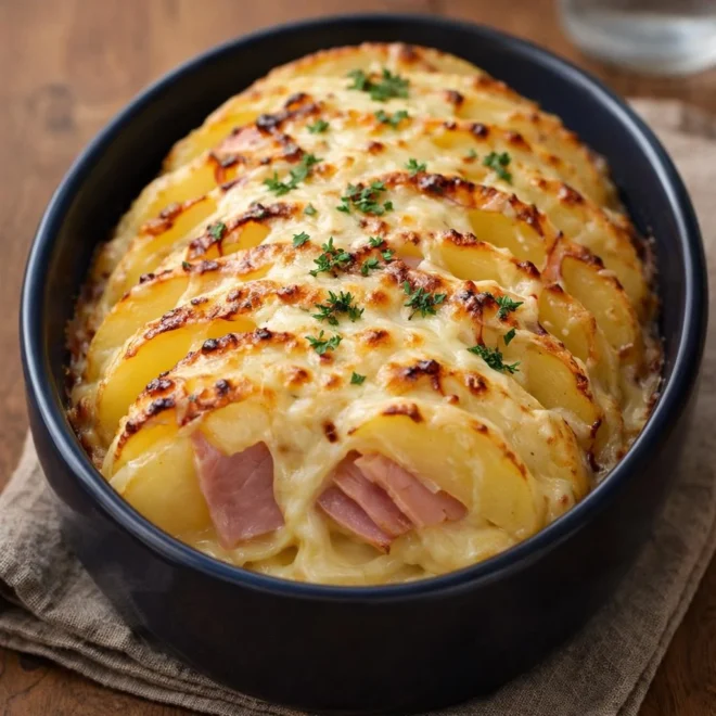 Rôti de pommes de terre au jambon et fromage, gratiné au four