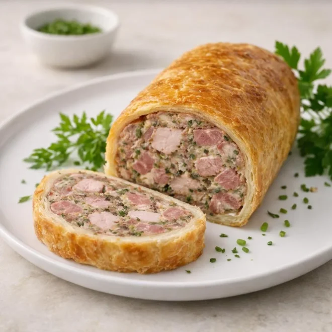 Rôti de porc au fenouil et pistaches (mélange à base de chair hachée) en pâte feuilletée