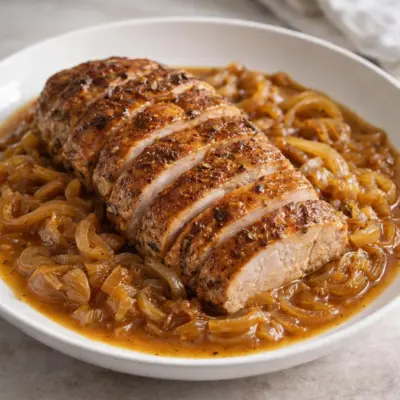 Rôti de porc aux oignons confits : sauce miel-moutarde