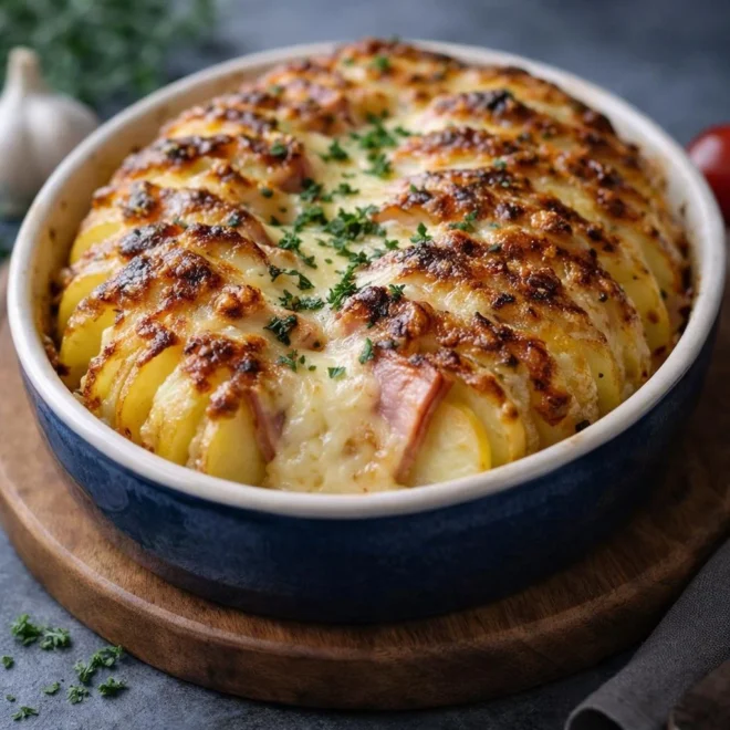 Rôti de pommes de terre au jambon et fromage fondant