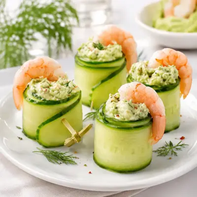 Roulades aux crevettes, concombre et crème d’avocat