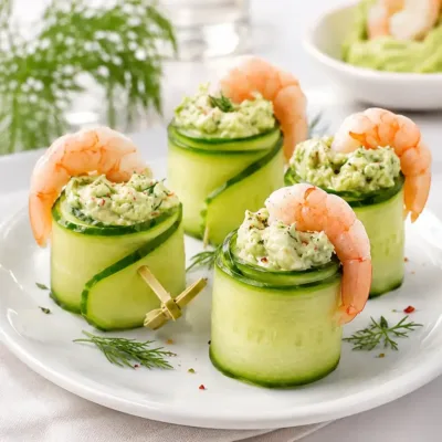Roulades aux crevettes, concombre et crème d’avocat : recette fraîche et facile