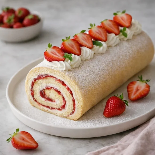 Roulé à la génoise vanille, crème légère et fraises