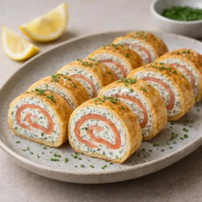 Roulé feuilleté au saumon fumé, fromage frais citronné et ciboulette