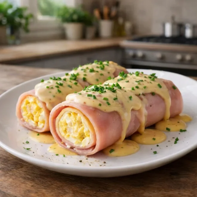 Rouleaux de jambon aux œufs mimosa, sauce moutarde onctueuse