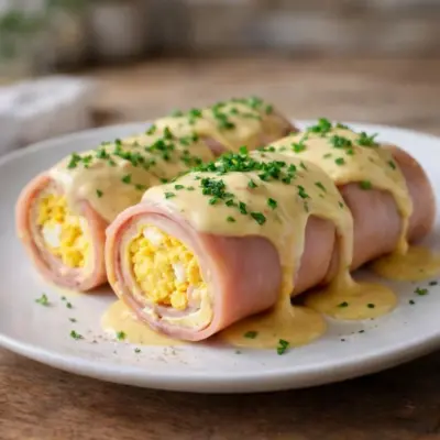 Rouleaux de jambon aux œufs mimosa, sauce moutarde