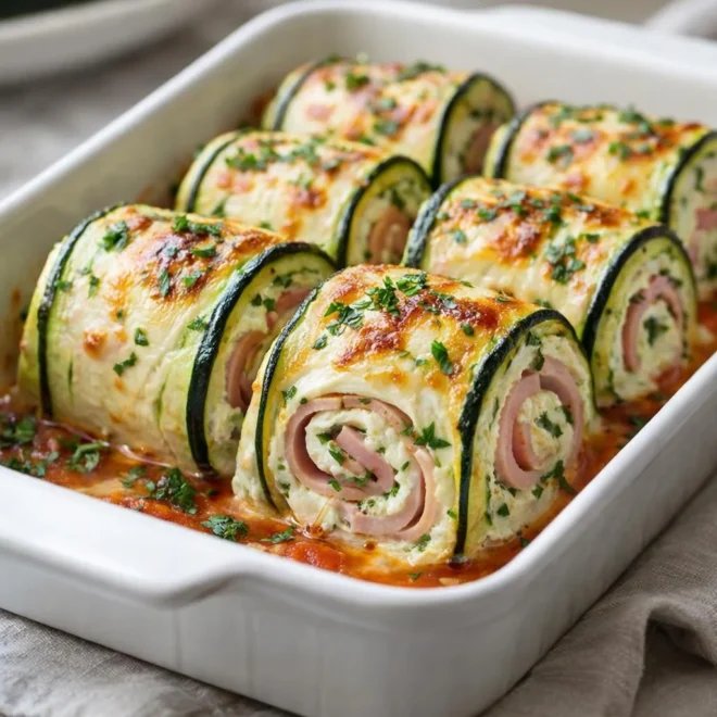 Roulés de courgettes au jambon, sauce légère à l’ail (gratinés au four)