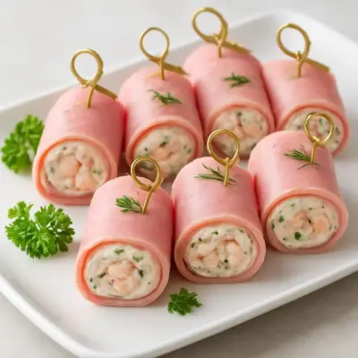 RoulĂ©s de jambon aux crevettes, sauce citronnĂ©e Ă lâaneth