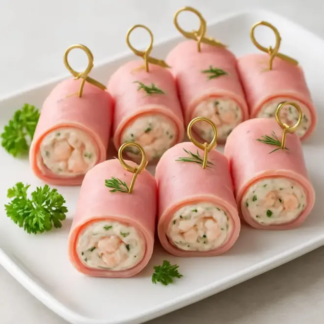 Roulés de jambon aux crevettes, sauce citronnée à l’aneth