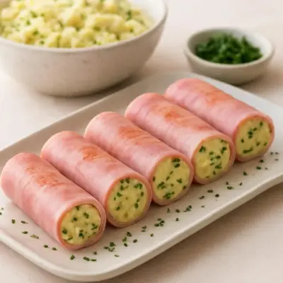 Roulés de pommes de terre à l’allemande (jambon) au persil et ciboulette