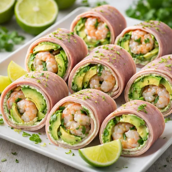 Roulés de jambon à l’avocat, crevettes et citron vert