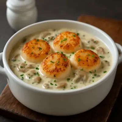 Saint-Jacques poêlées en sauce normande crémeuse (armagnac, champignons & crème)