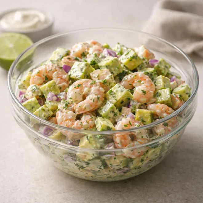 Salade avocat crevettes, avocat et concombre sauce citronnée (type cocktail)