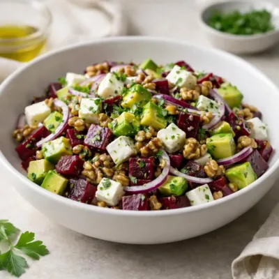 Salade betterave, avocat & feta aux noix et vinaigrette citron-moutarde