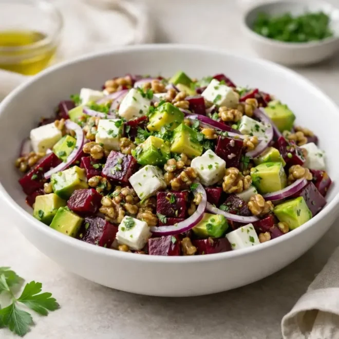 Recette salade betterave avocat feta citron-moutarde