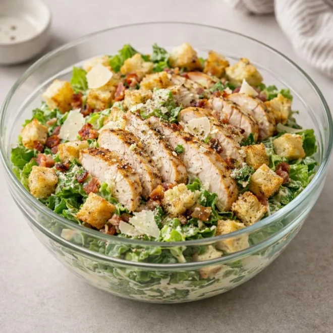Salade César au poulet grillé, croûtons maison et sauce légère à l’ail