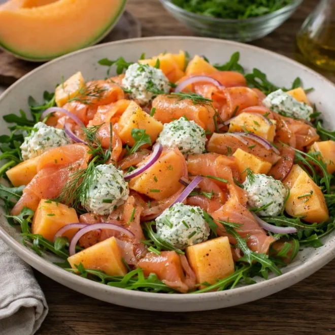 Salade de melon, truite fumée et fromage frais aux herbes