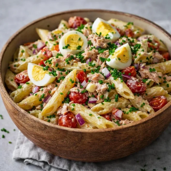 Salade de pâtes au thon, tomates et œufs durs (type penne/fusilli)