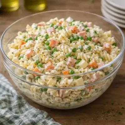 Salade de pâtes crémeuse jambon petits pois