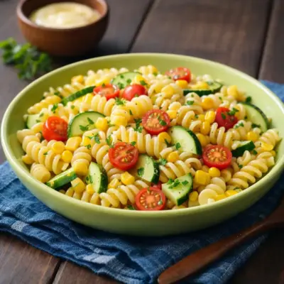 Salade de pâtes au maïs, tomates cerises et concombre, vinaigrette citronnée