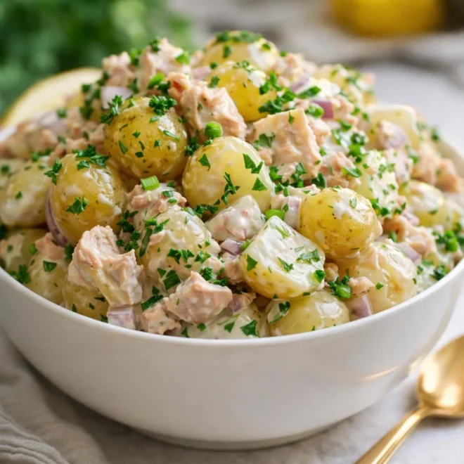 Salade de pommes de terre au thon frais, fraîche et crémeuse