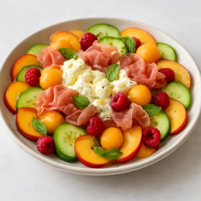 Salade estivale pêche, melon et concombre avec burrata, jambon cru et vinaigrette miel-citron