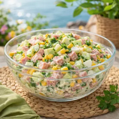 Salade fraîche jambon concombre maïs sauce yaourt citron
