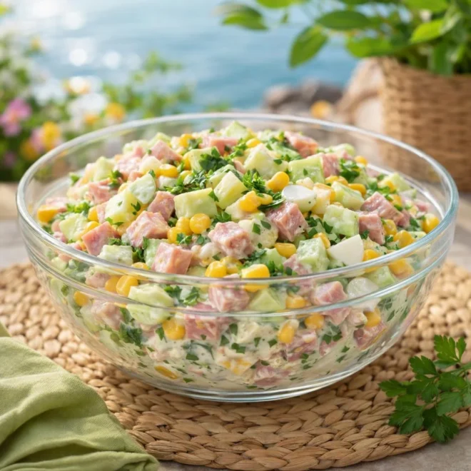 Salade Fraîcheur au Jambon, Concombre et Maïs, sauce yaourt citronnée