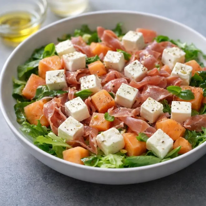 Salade fraîcheur melon, feta et jambon cru