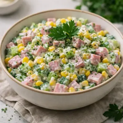 Salade jambon, concombre et maïs à la crème fraîche (mayo citronnée)