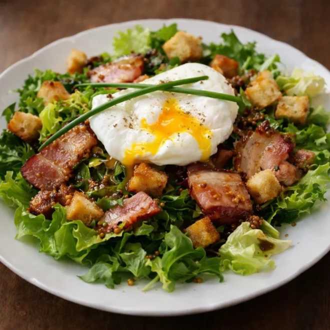 Salade lyonnaise aux lardons et œuf poché