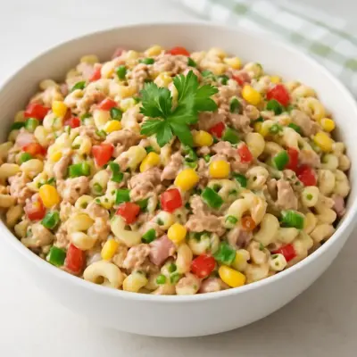 Salade de macaroni au thon et au maïs, mayonnaise citronnée