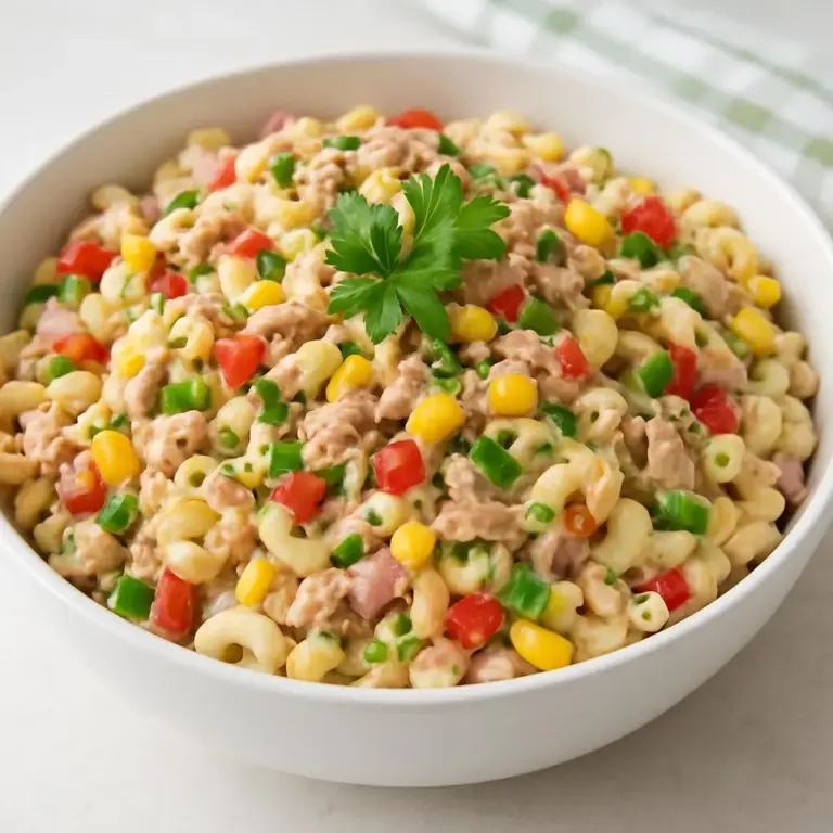 Salade de macaroni au thon et au maïs, mayonnaise citronnée
