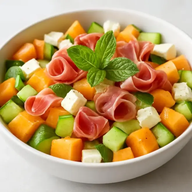 Salade de melon, feta & jambon cru à la menthe fraîche