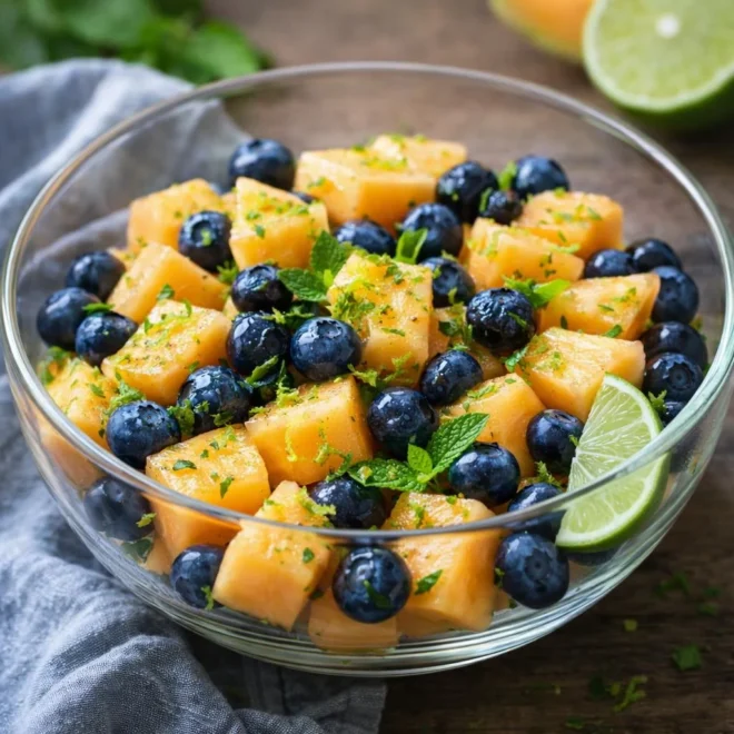 Salade de melon myrtilles citron vert (menthe)