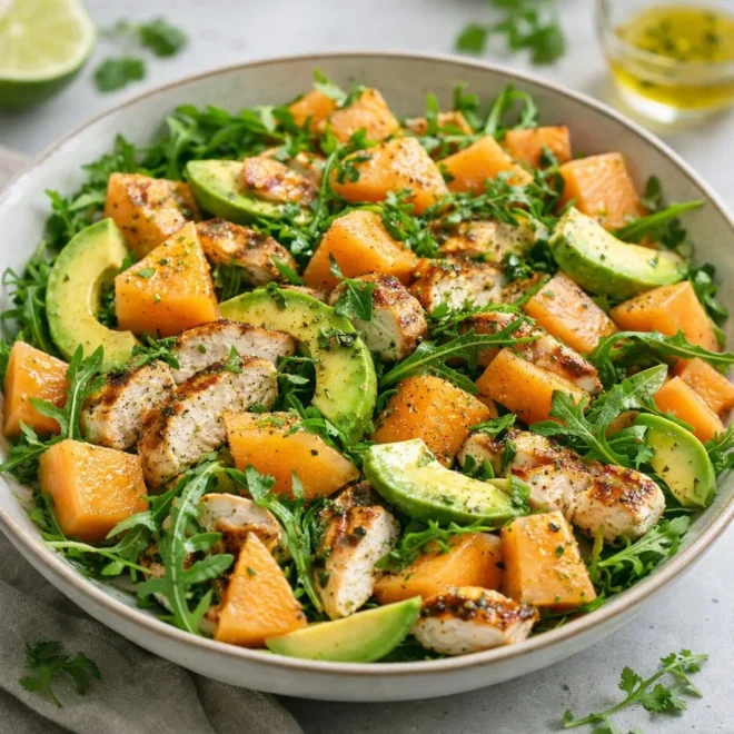 Salade de melon, poulet grillé et avocat au citron vert