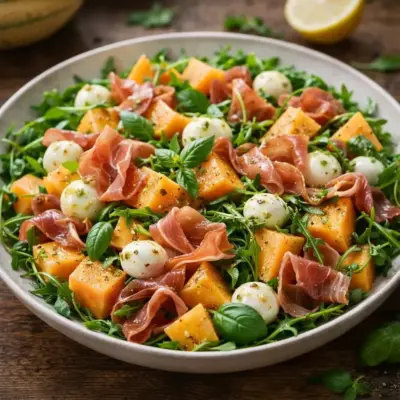 Salade de melon roquette mozzarella jambon cru
