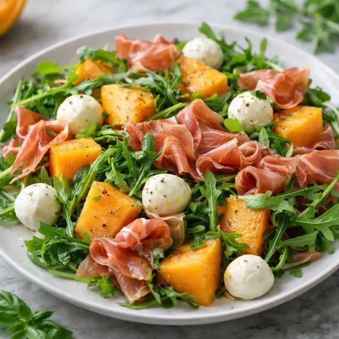 Salade de melon, roquette, mozzarella et jambon cru à la vinaigrette citron-basilic